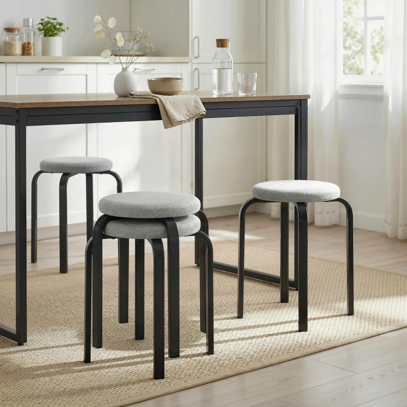 HOMCOM Stapelhocker Set mit 4 Stück, Moderne Gepolsterte Runde Hocker ohne Rückenlehne für Küche, Esszimmer, Grau