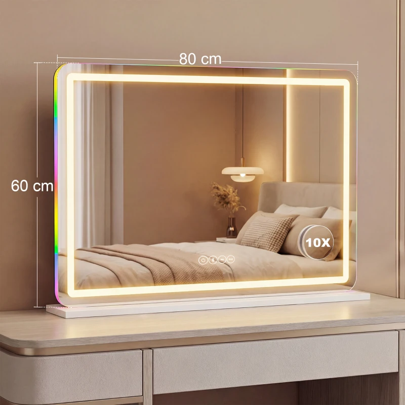 HOMCOM Miroir maquillage lumineux 80x60cm, miroir coiffeuse LED dimmable, lumière RGB, 3 températures de couleur, blanc
