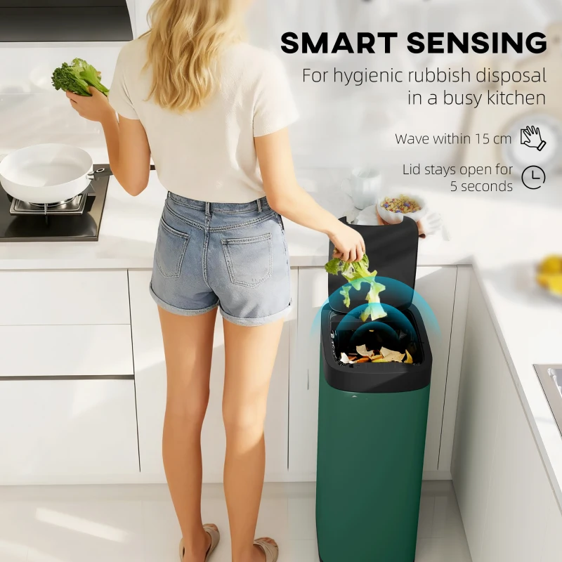 HOMCOM 50L Sensor Bin, Automatic Kitchen Bin, Manual Override, Battery Operated, Inner-Bucket-Free, for Kitchen, Bedroom