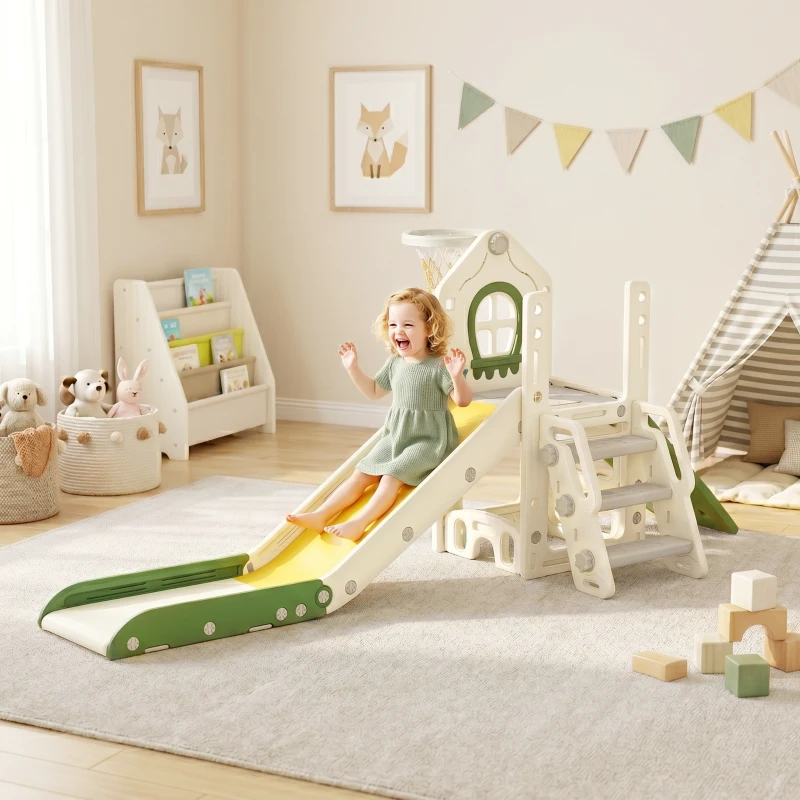 AIYAPLAY Faltbare 5-in-1 Kleinkinderrutsche mit Kletterelement, Basketballkorb, Stauraum und Basketball für Kinder von 1-3 Jahren, Cremeweiß