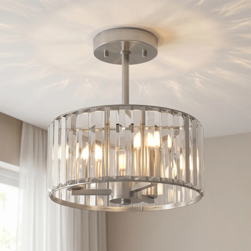 HOMCOM Semi Flush Mount Modern Crystal Chandelier Ceiling Light, Crystal Ceiling Light Fixture with E14 Base, Silver Tone