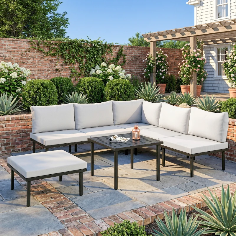 Outsunny Lounge Gartenmöbel Set 5-6 Personen Gartenlounge Set mit 2 Sitzer Gartensofa 2 Stühle Eckstuhl Lamell-Tisch Fußhocker