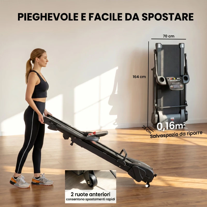 HOMCOM Tapis Roulant Elettrico Pieghevole Salvaspazio, Velocità 14km/h, Monitor LCD 5 Programmi e Presa USB, per Casa e Ufficio, Motore 750W, Nero