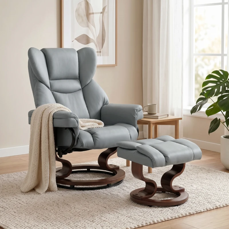 HOMCOM Sillón relax giratorio con reposapiés, respaldo alto, espuma de alta densidad, base de madera, gris claro
