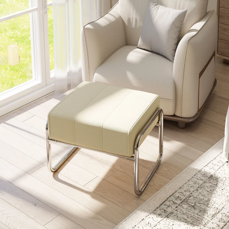 HOMCOM Fußhocker Sitzhocker Dick Gepolstert Hocker mit Chenille-Stoff Stahlbeinen für Schlafzimmer, Beige