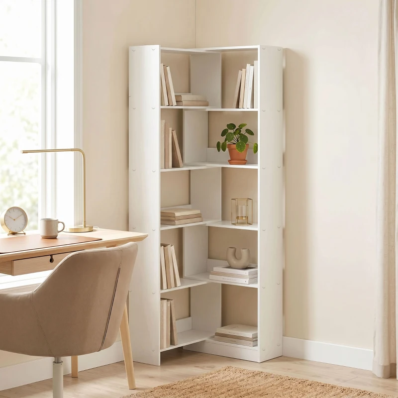 HOMCOM Estante Expansível 5 Níveis Estante para Livros Giratória 350° Largura Ajustável Convertível em L Reta ou Compacta 111,5x23,8x163,7 cm Branco