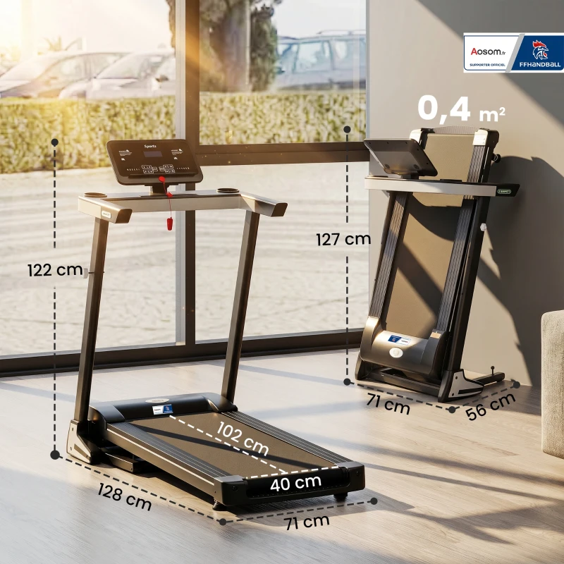 Tapis de Course Electrique Pliable - Aosom.fr x FFHandball - Tapis Roulant 1-12 Km/h 500 W écran LCD 12 programmes Noir
