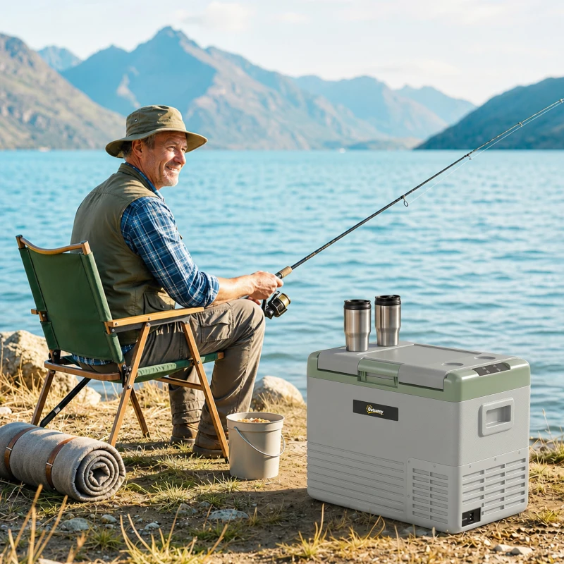 Outsunny 40L Portable Car Refrigerator - Light Green and Grey