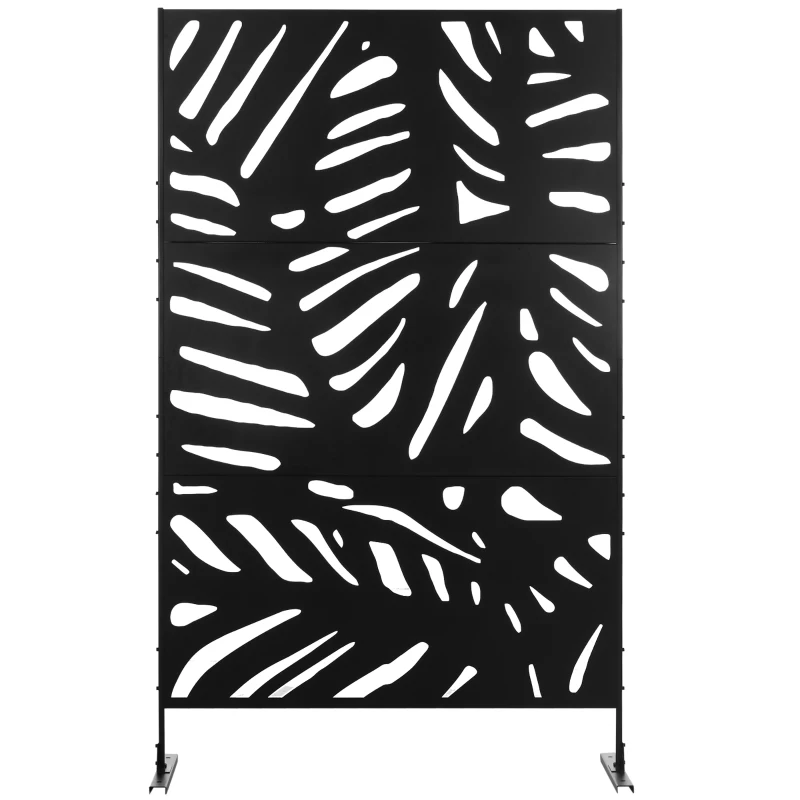 Outsunny Biombo de 3 Painéis 122x198 cm Biombo Separador de Ambientes com Suporte Design de Folhas Preto