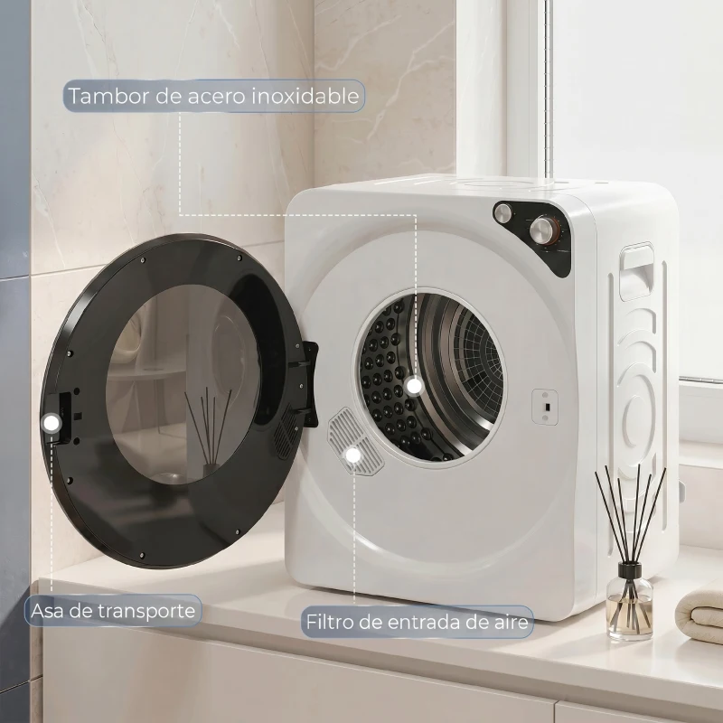 HOMCOM Secadora de Ropa Compacta  5 kg 1000W con 5 Modos de Secado Tambor de Acero Inoxidable Blanco