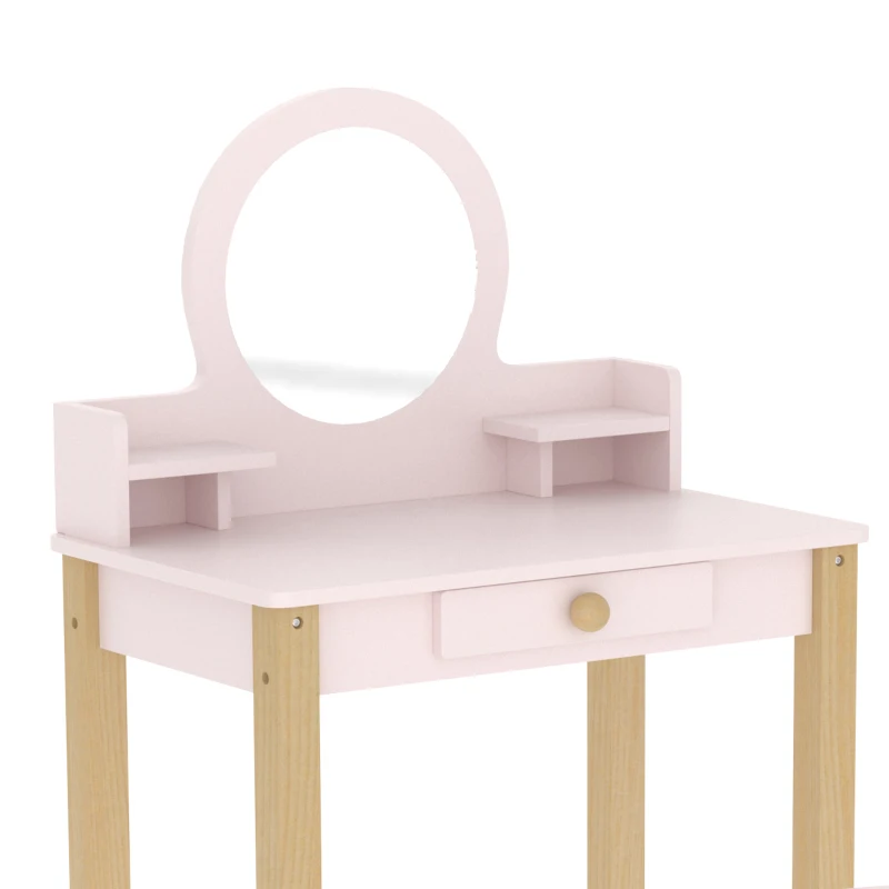AIYAPLAY Coiffeuse enfant en bois avec miroir et tabouret, table de maquillage enfant avec tiroir et étagère, 3 à 6 ans, rose