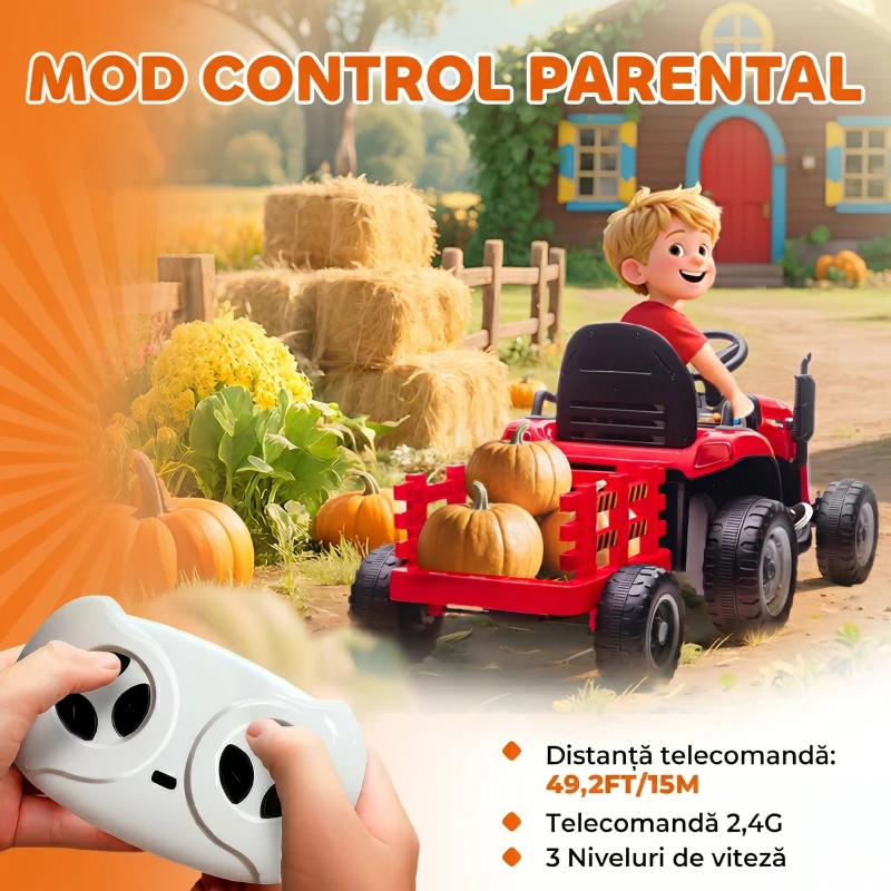 AIYAPLAY 2 în 1 Tractor Electric pentru Copii 3-8 Ani cu Remorcă Detașabilă, Telecomandă, Muzică, Lumini, Roșu