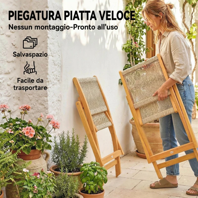Outsunny Set di 2 Sedie Pieghevoli da Giardino in Rattan PE e Legno di Acacia, Supporto fino a 160 kg, Beige