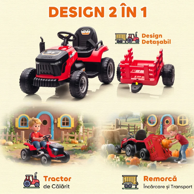 AIYAPLAY 2 în 1 Tractor Electric pentru Copii 3-8 Ani cu Remorcă Detașabilă, Telecomandă, Muzică, Lumini, Roșu
