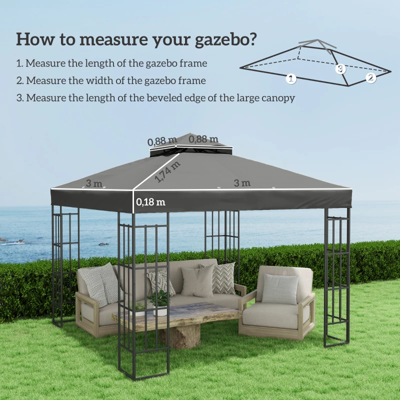 Outsunny Copertura per Gazebo da Giardino 3x3m UPF30+ a 2 Livelli in Poliestere Grigio Scuro