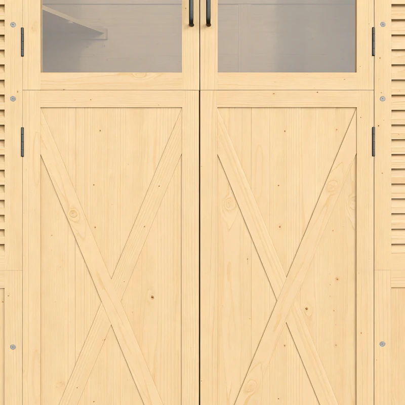 Outsunny Houten Tuinschuur Inloop Gereedschapsschuur met Planken Acrylramen Dubbele Deur Asfalt Dak Lamellenventilatie Bodemplaat