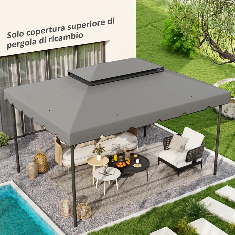 Outsunny Tetto per Gazebo 3x4 m a 2 Livelli con 8 Fori di Drenaggio in Poliestere Grigio Chiaro