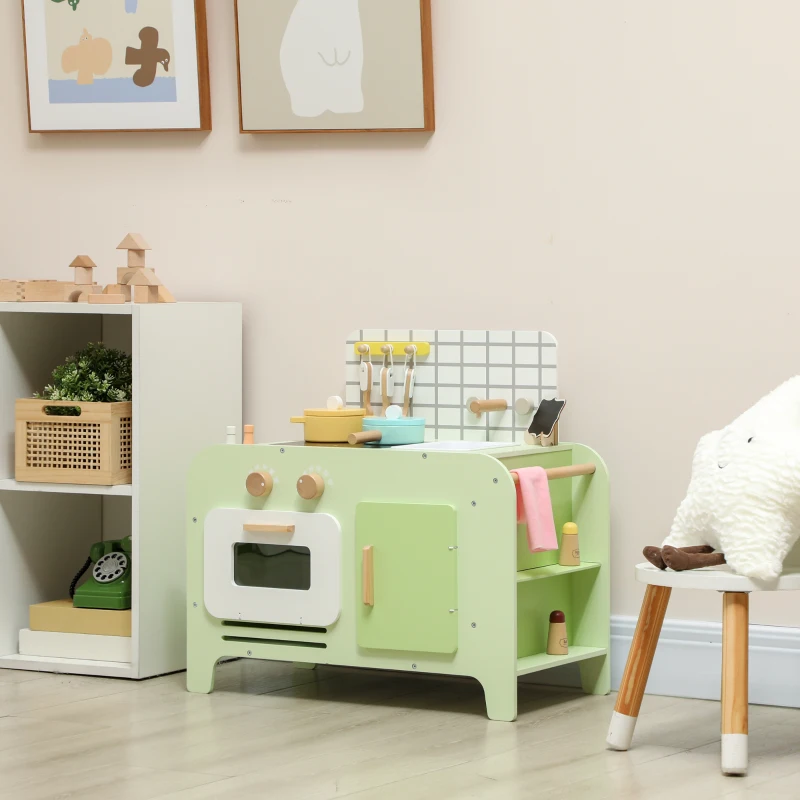 AIYAPLAY Set Cucina Giocattolo in Legno per Bambini da 3+ Anni con 15 Accessori, Verde