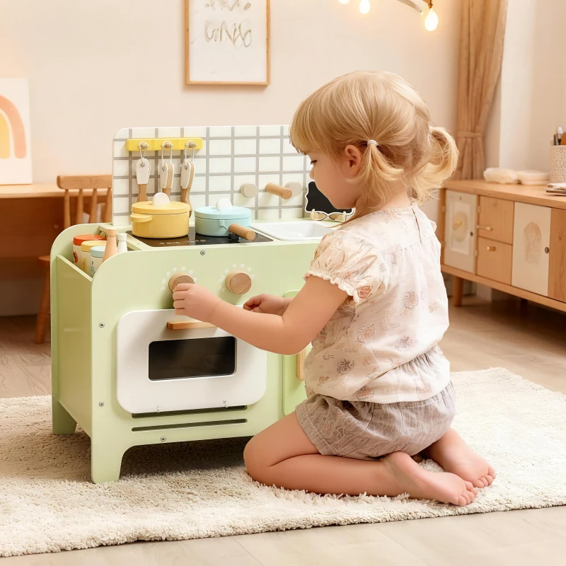 AIYAPLAY Set Cucina Giocattolo in Legno per Bambini da 3+ Anni con 15 Accessori, Verde