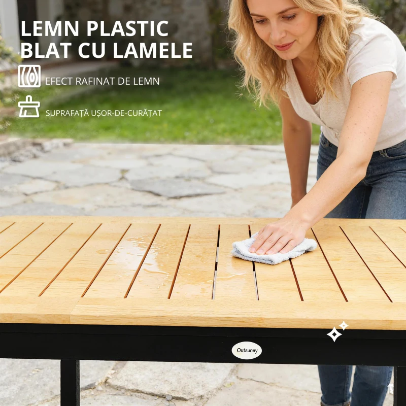 Outsunny Masă de Grădină pentru 6 Persoane, 127 x 70 cm, Masă de Exterior cu Blat cu Lamele din Lemn Plastic, Cadru Metalic