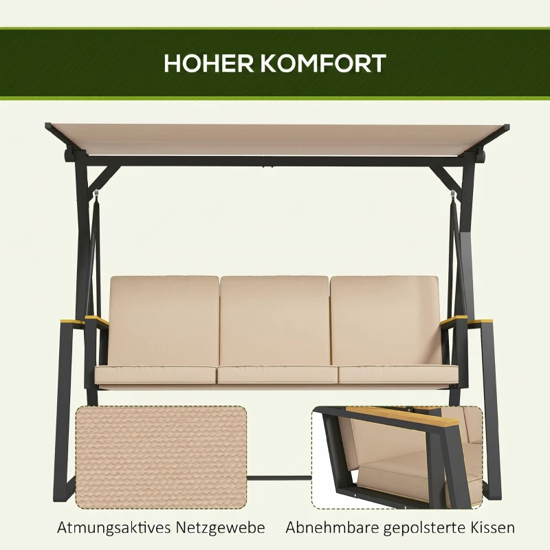 Outsunny Tuin schommelbank Hollywoodschommel 3-zits, met zonnedak, weerbestendig, Beige + Zwart