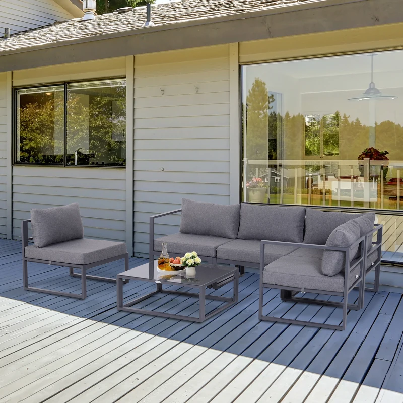 Outsunny 5 Seater Aluminium Garden Furniture Set, Garden Sofa Set with Thick Cushions for Patio and Balcony, Outdoor, Grey