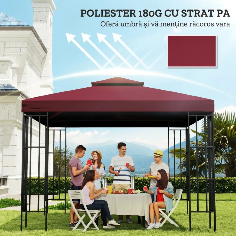 Outsunny Acoperiș de Rezervă pentru Foișor 3x3 m pe Două Niveluri și Anti-UV din Poliester cu Ventilație, Roșu
