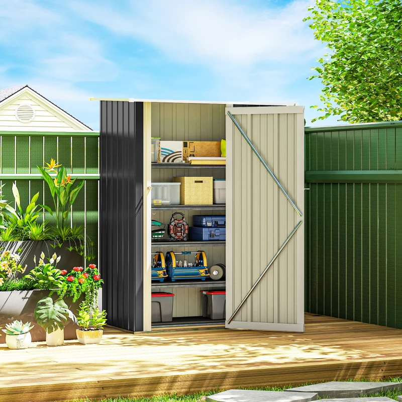 Outsunny Metall Gerätehaus 1,07 m² 142 x 86 x 189 cm Geräteschuppen mit Pultdach Abschließbarer Tür, wetterfest Gartenhaus Outdoor Garten Schuppen für Hinterhof Außenbereich Dunkelgrau