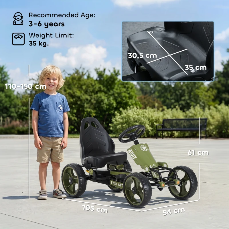HOMCOM Go Kart a Pedali per Bambini da 3-6 Anni con Sedile Regolabile e Freno a Mano, Verde