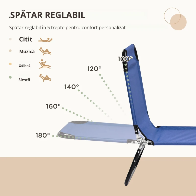 Outsunny Set de 2 șezlonguri pliante pentru grădină cu spătar reglabil în 5 poziții până la 120kg