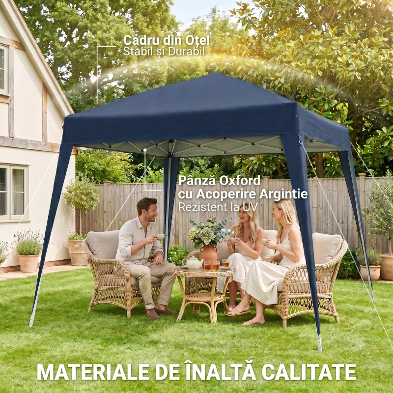 Outsunny Pavilion pliabil de grădină 2,4x2,4m, structură din oțel și frânghii antivânt, albastru