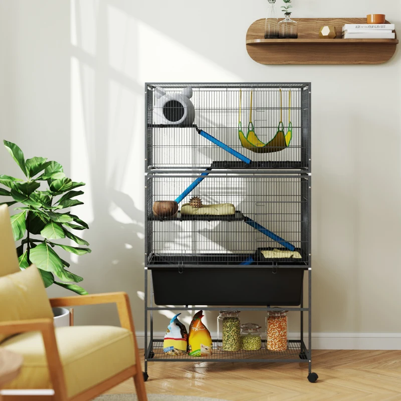 PawHut Gaiola para pequenos animais, gaiola para animais de estimação com 5 níveis, rampas antiderrapantes, rede, 88 x 48 x 150,5 cm, Cinza escuro