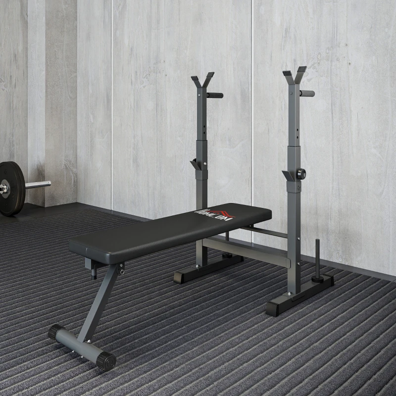 HOMCOM Panca Pesi Pieghevole con 8 Altezze Regolabili e Supporto Bilanciere in Acciaio e PU, 140x73x98-122 cm, Grigio