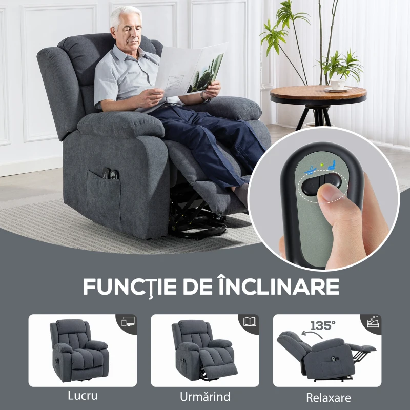 HOMCOM Fotoliu Electric cu Ridicare și Reclinare 135° în Material Textil Efect In cu Suport Picioare, Gri Închis
