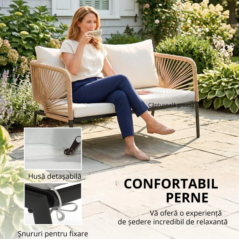 Outsunny Set mobilier de grădină, grup de șezut pentru 4 persoane, lounge cu sofă 2 locuri, 2 fotolii, masă cu lamele, împletitură tip sfoară, perne lavabile