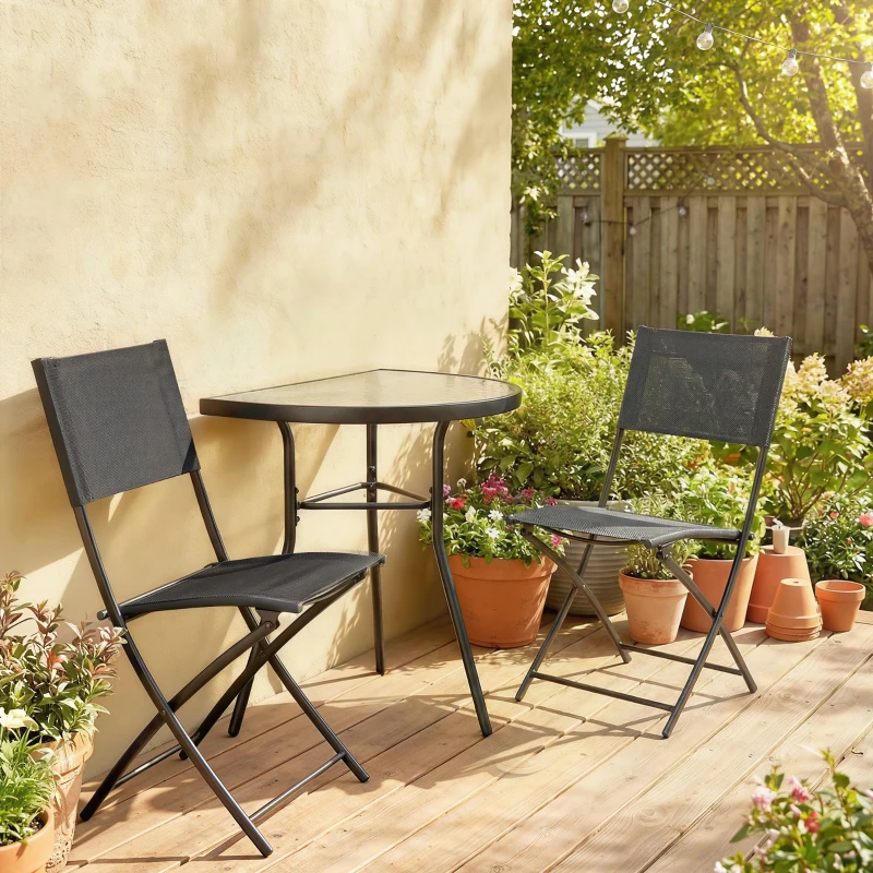 Outsunny Ensemble Bistro d'Extérieur, Mobilier de Patio 3 Pièces avec Chaises Pliantes, Table en Verre Semi-Circulaire, Noir