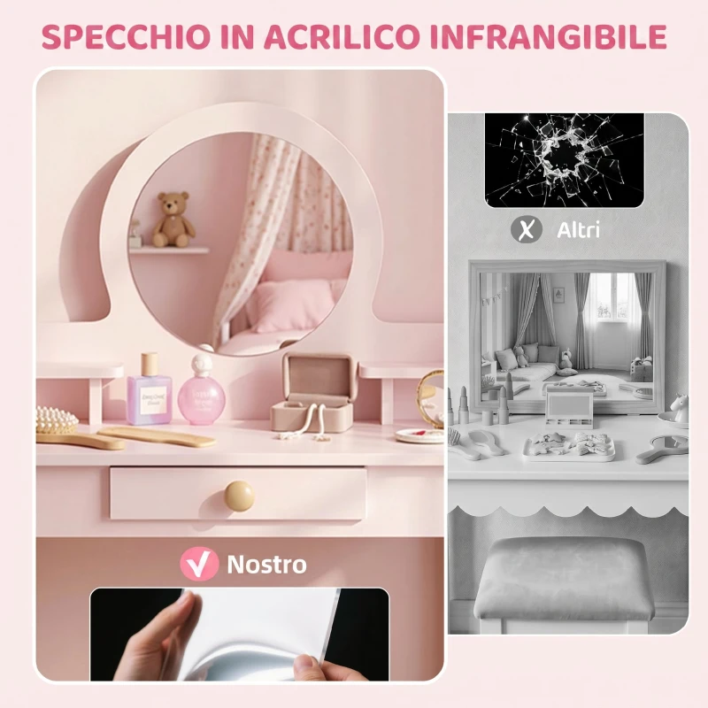 AIYAPLAY Set Toeletta Trucco Bambina con Sgabello, Specchio, Cassetto in Legno, Età 3-6 Anni, Rosa