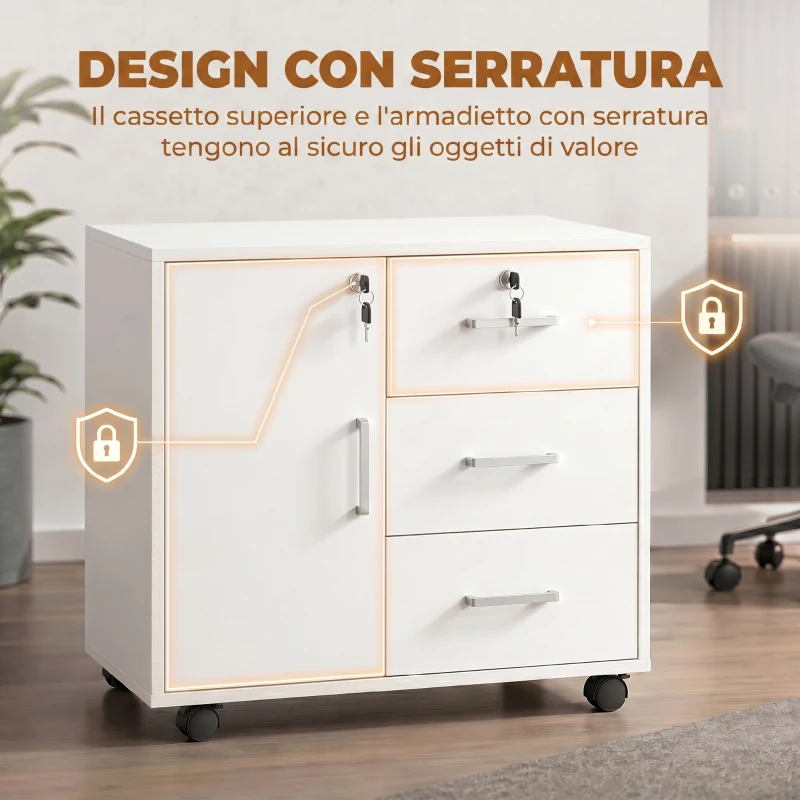 HOMCOM Schedario per Ufficio con 3 Cassetti e Armadietto con 3 Ripiani Regolabili, in Legno, 60x40x56 cm, Bianco
