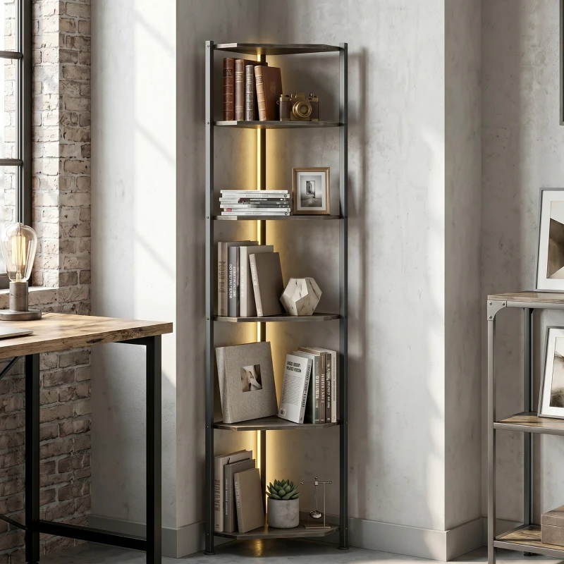 HOMCOM Bücherregal 5-stöckiges Eckregal mit LED-Beleuchtung für Wohnzimmer, Schlafzimmer, Büro, Rustikal Braun