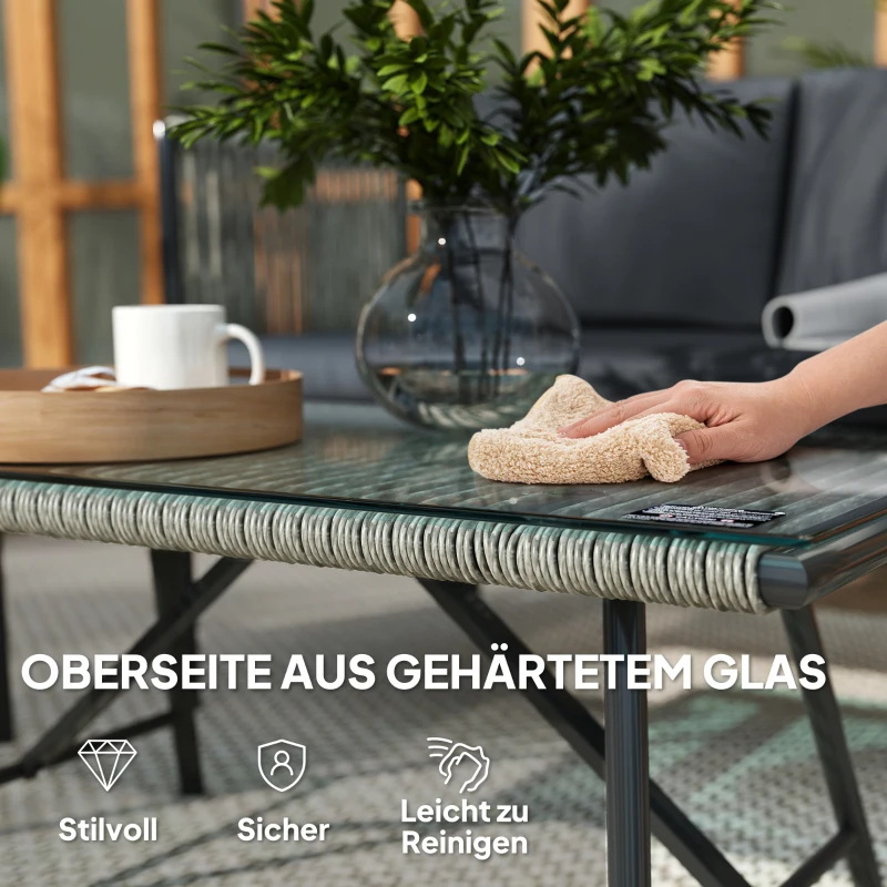 Outsunny 4-teiliges Gartenmöbel-Set, 1 Sofa, 2 Sessel, 1 Tisch mit Glasplatte, Kissen, Stahlrahmen, Kunststoff-Rattan, Grau
