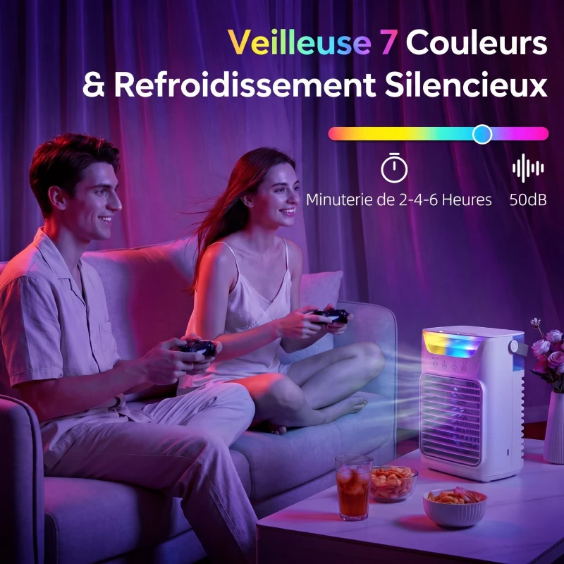 HOMCOM Ventilatore da Tavolo con 3 Velocità, Luce RGB e Testa Regolabile, Bianco
