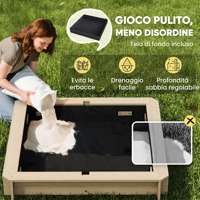 Outsunny Sabbiera per Bambini in Legno con Tettuccio Parasole, Panca e Coperchio, 106x106x115 cm Bianco e Blu