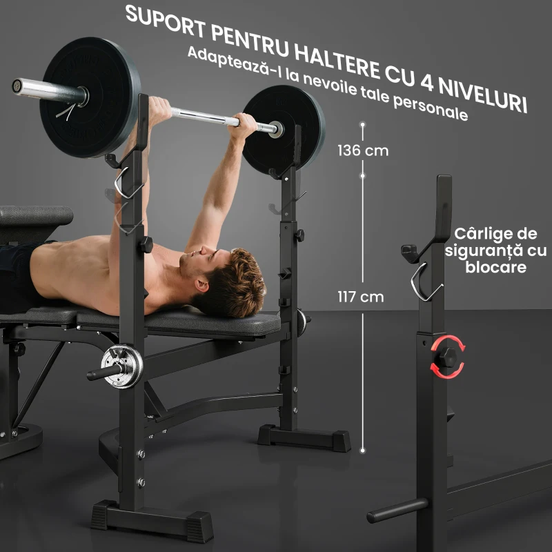 Soozier Bancă pentru Greutăți cu Suport pentru Genuflexiuni, Bancă Olimpică Reglabilă, Multifuncțională cu Pad Curl pentru Brațe, Extensii pentru Picioare, Gri