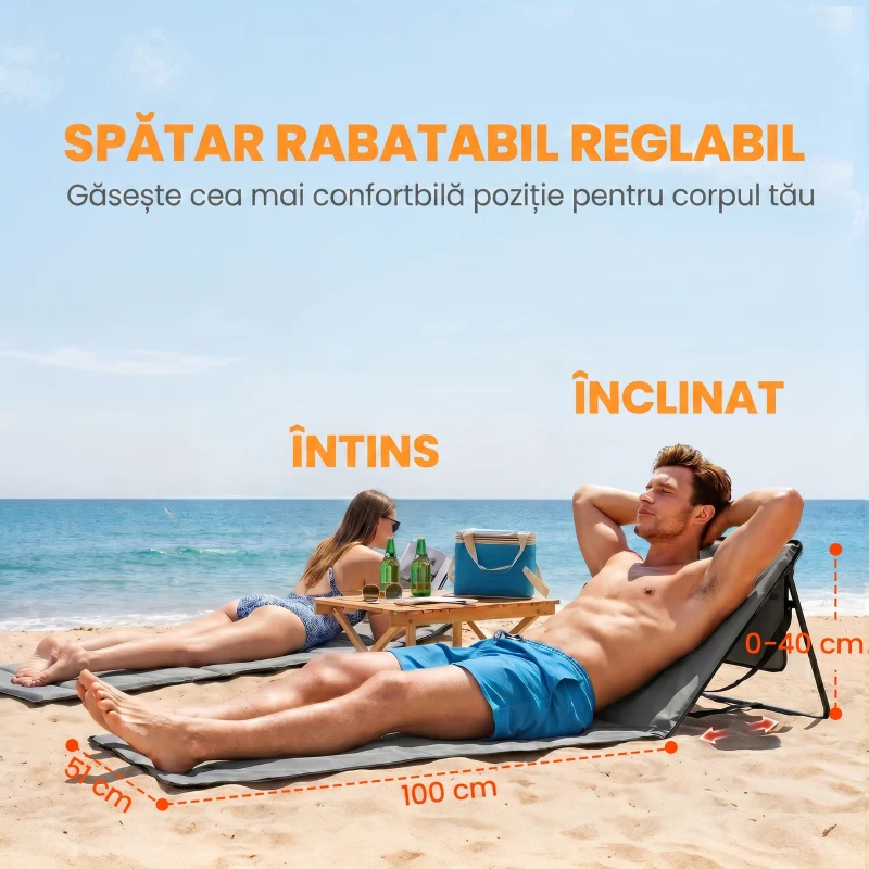 Outsunny Set 2 Șezlonguri Pliabile cu Unghi Reglabil și Buzunar cu Fermoar, 142x51x40 cm, Albastru