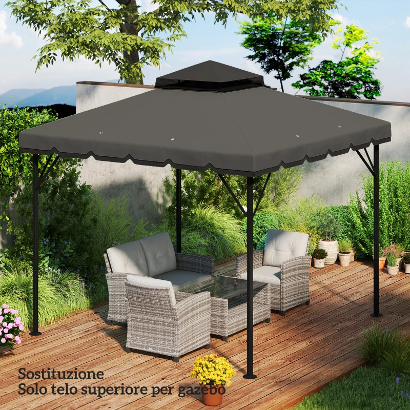 Outsunny Copertura per Gazebo 3x3 m a 2 Livelli con 8 Fori di Drenaggio, in Poliestere Grigio Chiaro e Scuro