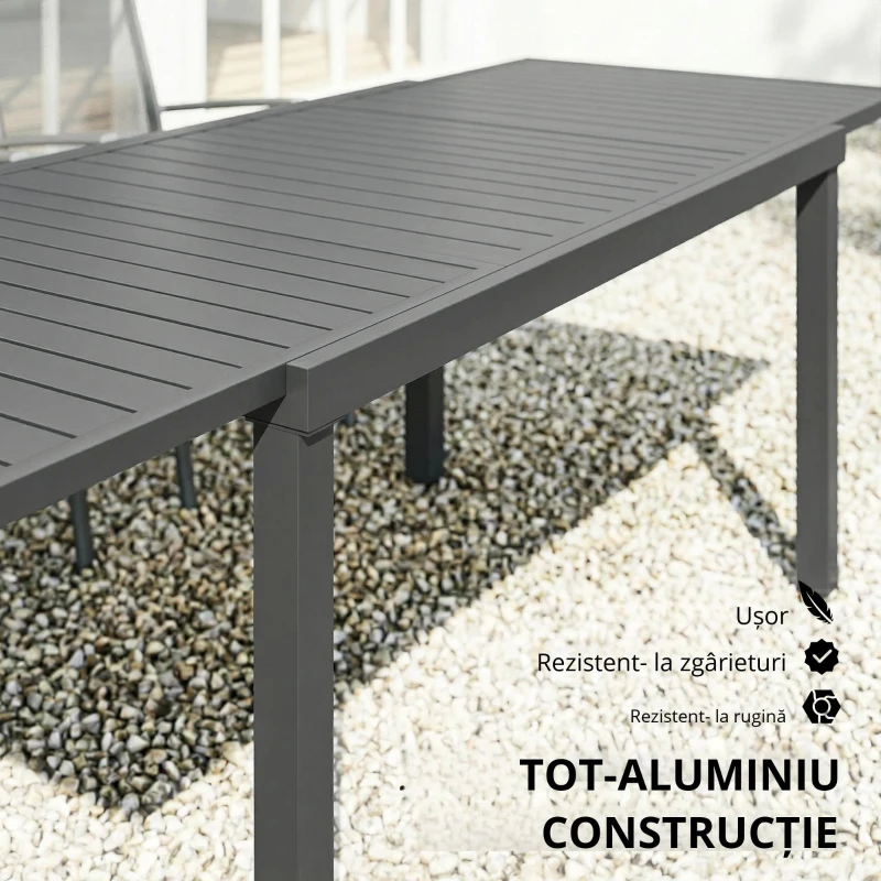 Outsunny Masă de Grădină Extensibilă 150/225x85x75 cm Masă de Luat Masa din Aluminiu cu Blat cu Șipcă pentru 6-8 Persoane Gri
