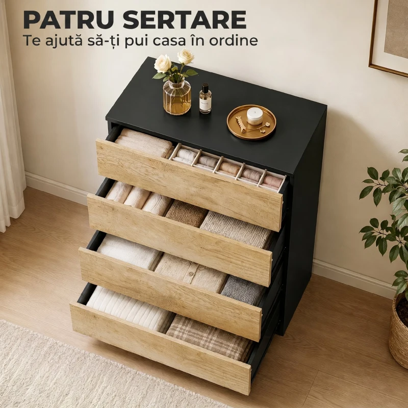 HOMCOM Comodă cu 4 Sertare din Lemn cu Șine Metalice și Mânere Frezate, 60x40x80 cm, Negru și Stejar