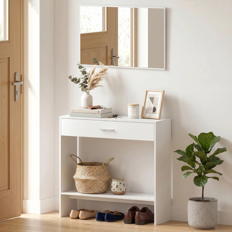 HOMCOM Consola de Entrada com Espelho, Gaveta e Prateleira para Hall, 91,5x27,9x85,5 cm, Branco