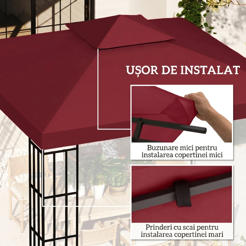 Outsunny Acoperiș de Rezervă pentru Foișor 3x3 m pe Două Niveluri și Anti-UV din Poliester cu Ventilație, Roșu