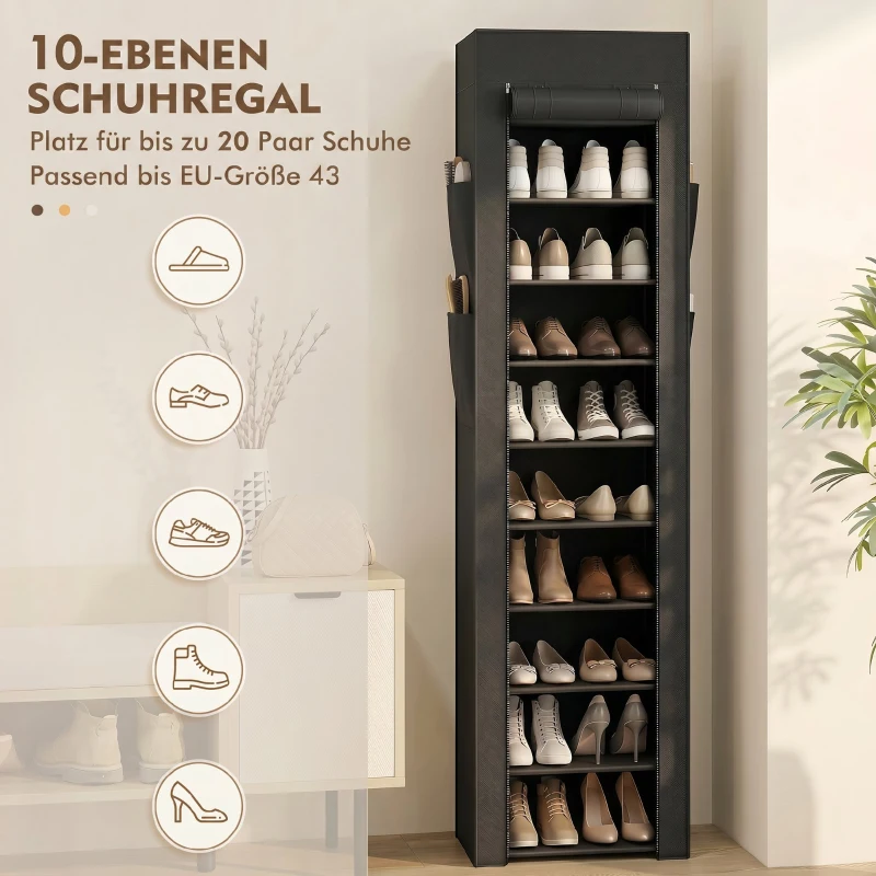 HOMCOM Metalen schoenenrek met stofdichte stoffen hoes, voor 20 paar schoenen, 45 x 30 x 175 cm, zwart